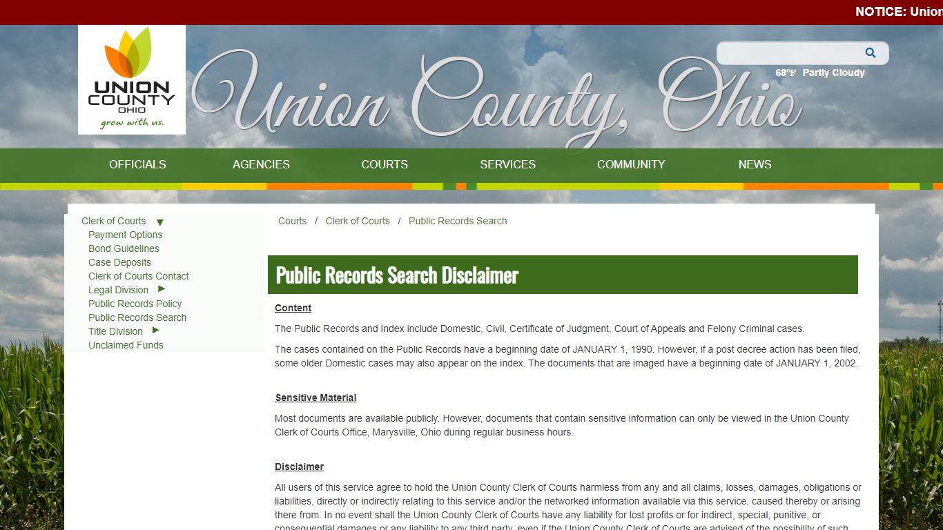 Public Records Search Disclaimer - Union County, Ohio